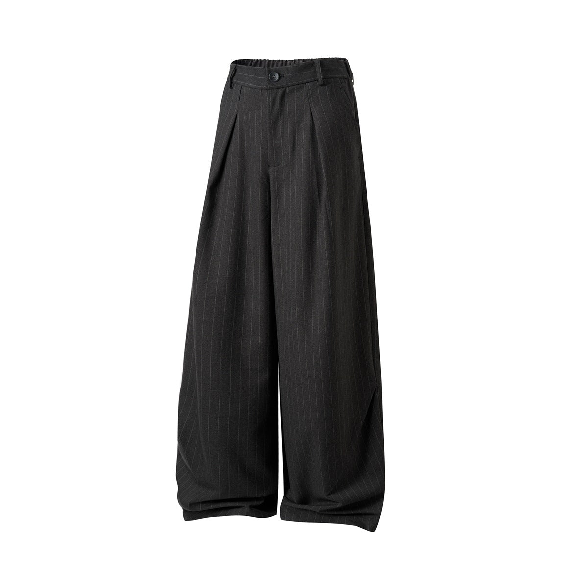 Dark gray pinstriped pleated wide-leg trousers with button waistband, slightly angled front view