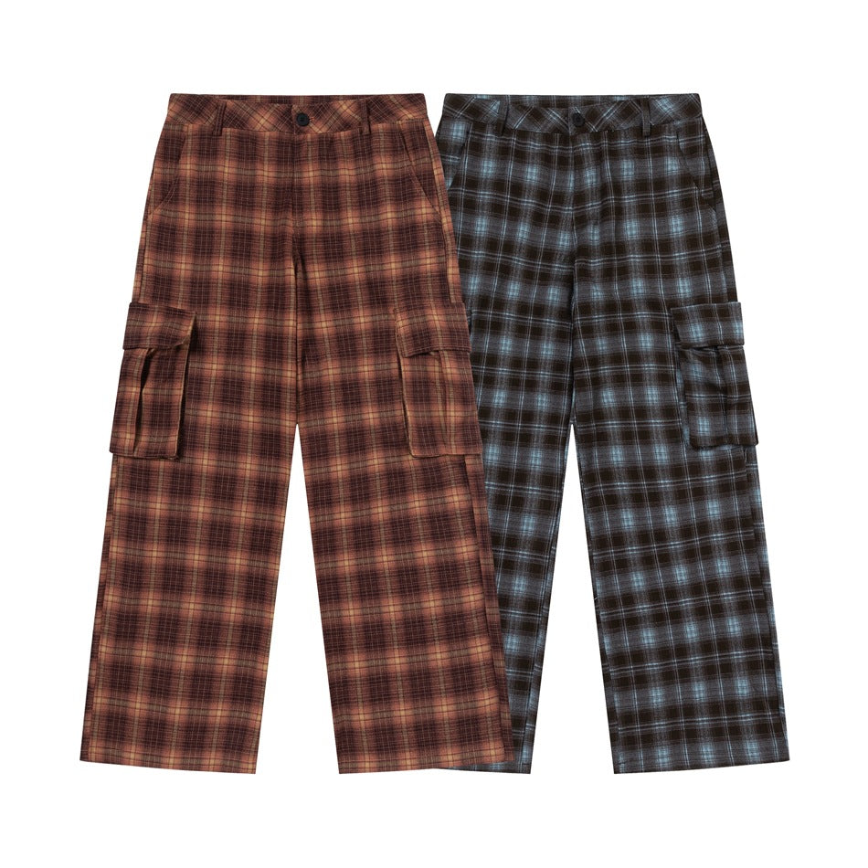 Front views of two wide-leg plaid cargo trousers: brown and tan, and charcoal with blue-gray checks.