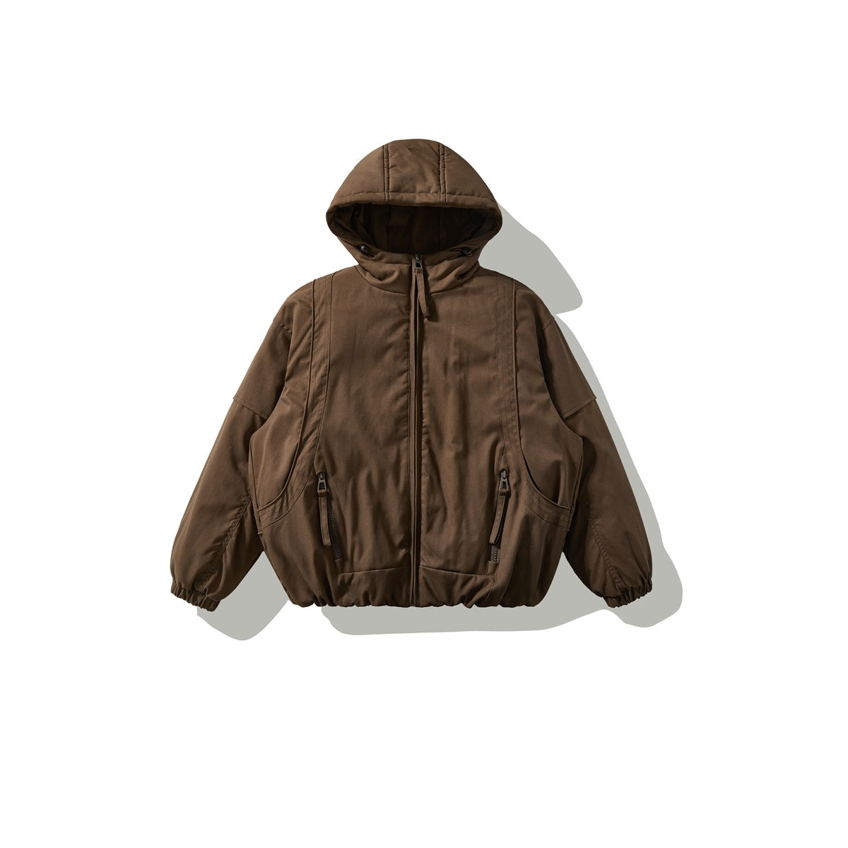 Brown hooded zip-front padded jacket flat lay with zippered pockets and elastic cuffs and hem