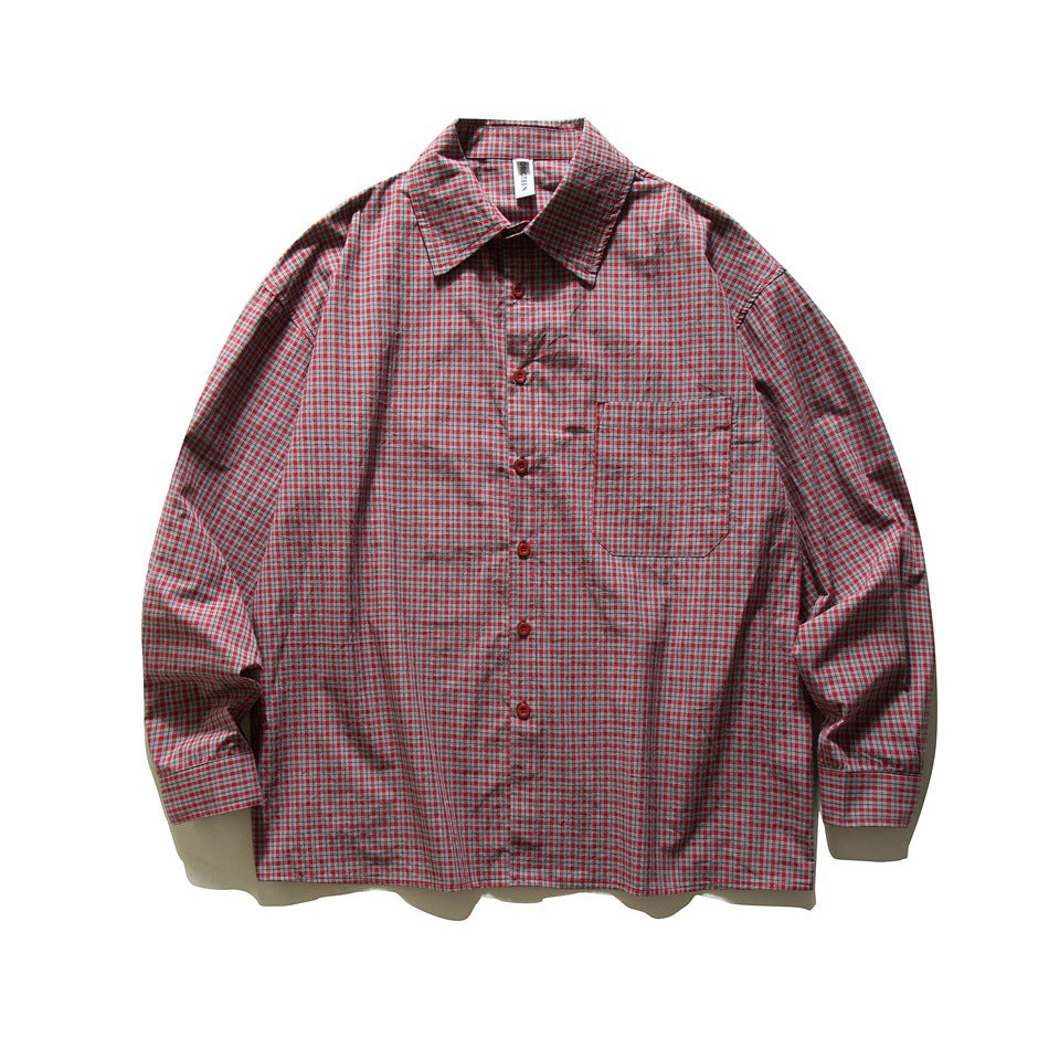 Red small-check plaid long-sleeve button-up shirt with chest pocket, flat lay front view