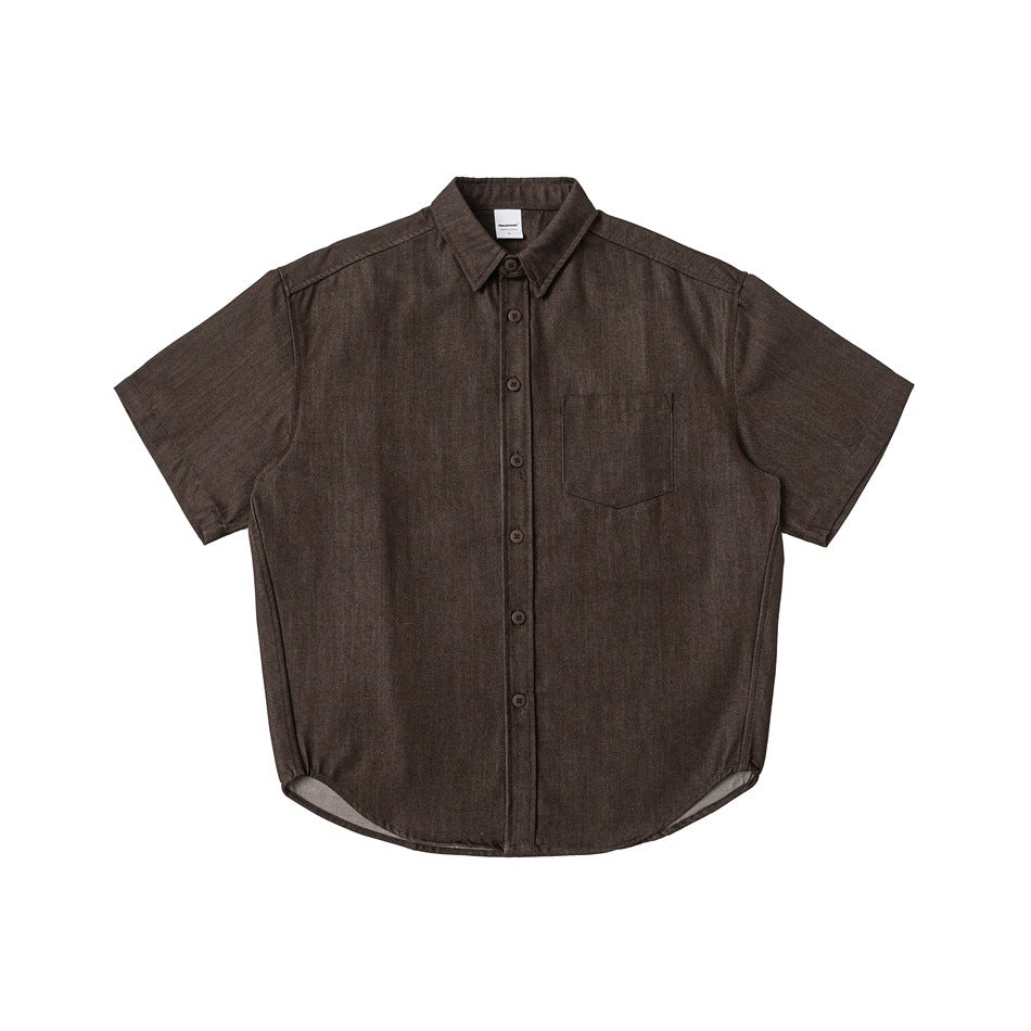Brown short-sleeve button-up shirt with chest pocket and curved hem, flat lay front view