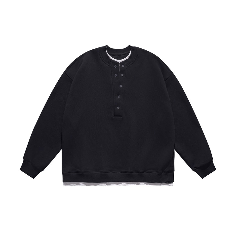 Black pullover sweatshirt with a five-button henley placket and a white layered neckline and hem, flat lay front view