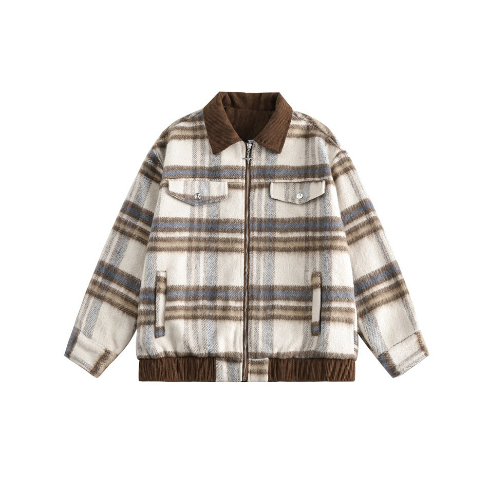 Cream plaid zip jacket with brown corduroy-look collar, chest flap pockets and ribbed hem, front view