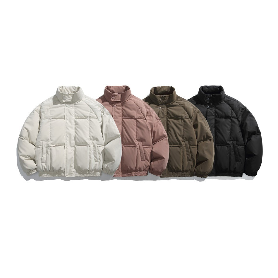 Four front-view padded jackets shown together in ivory, dusty rose, olive, and black.