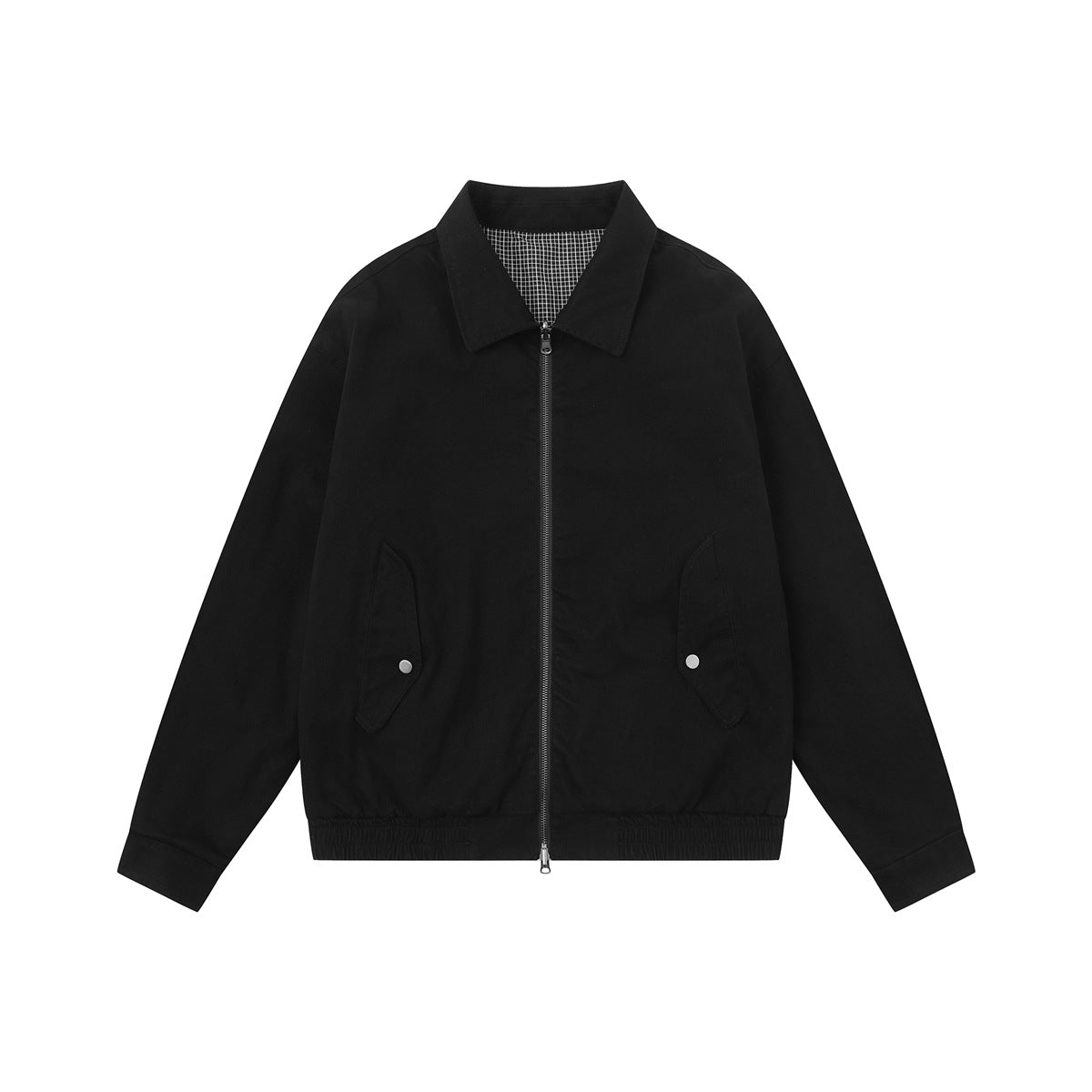 Black collared zip-front jacket flat lay with flap hip pockets, snap studs and elastic hem
