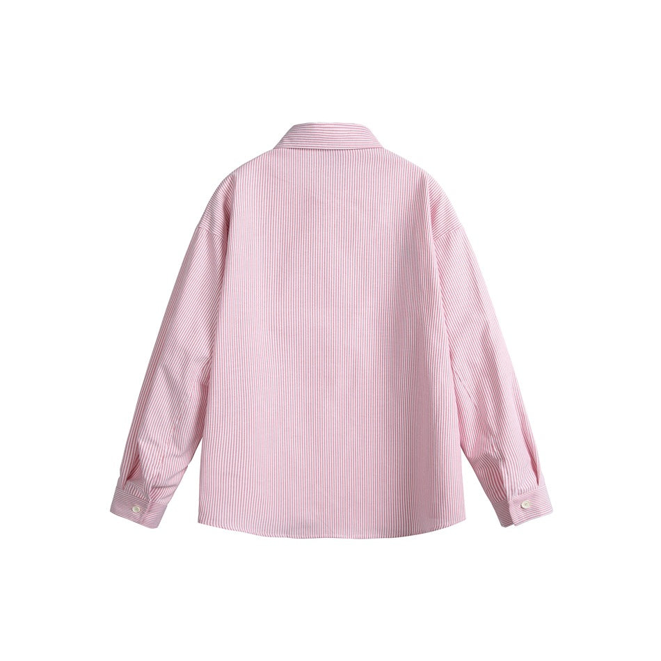 Back view of a pink-and-white vertically striped long-sleeve button-cuff shirt laid flat on a white background.