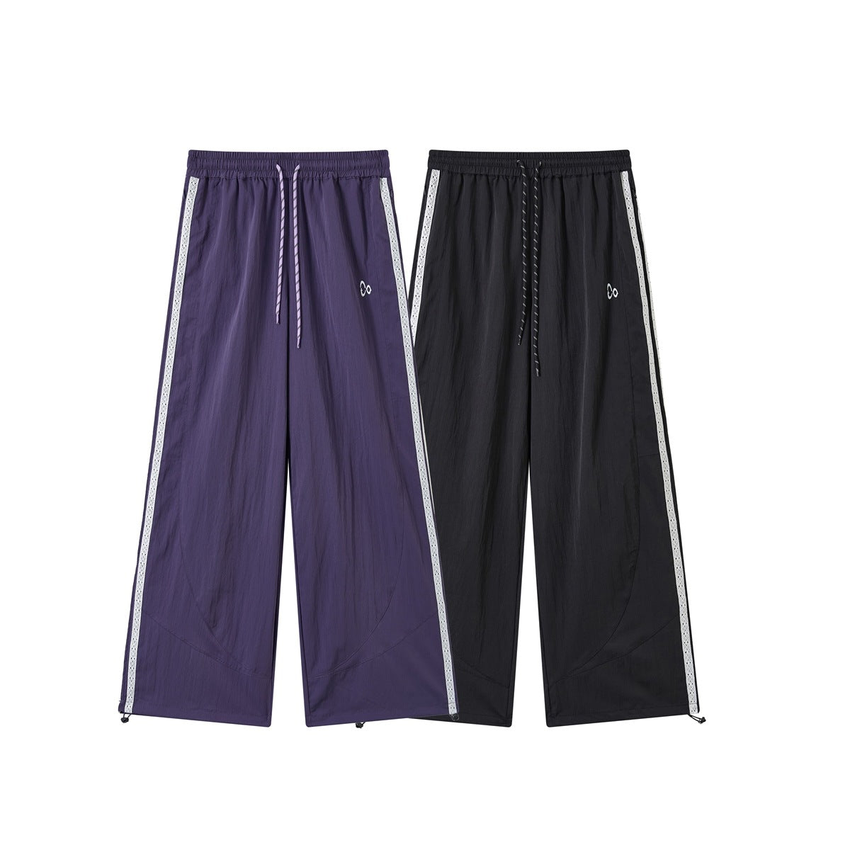 Front view of wide-leg drawstring pants in purple and black, both with white lace side stripes.