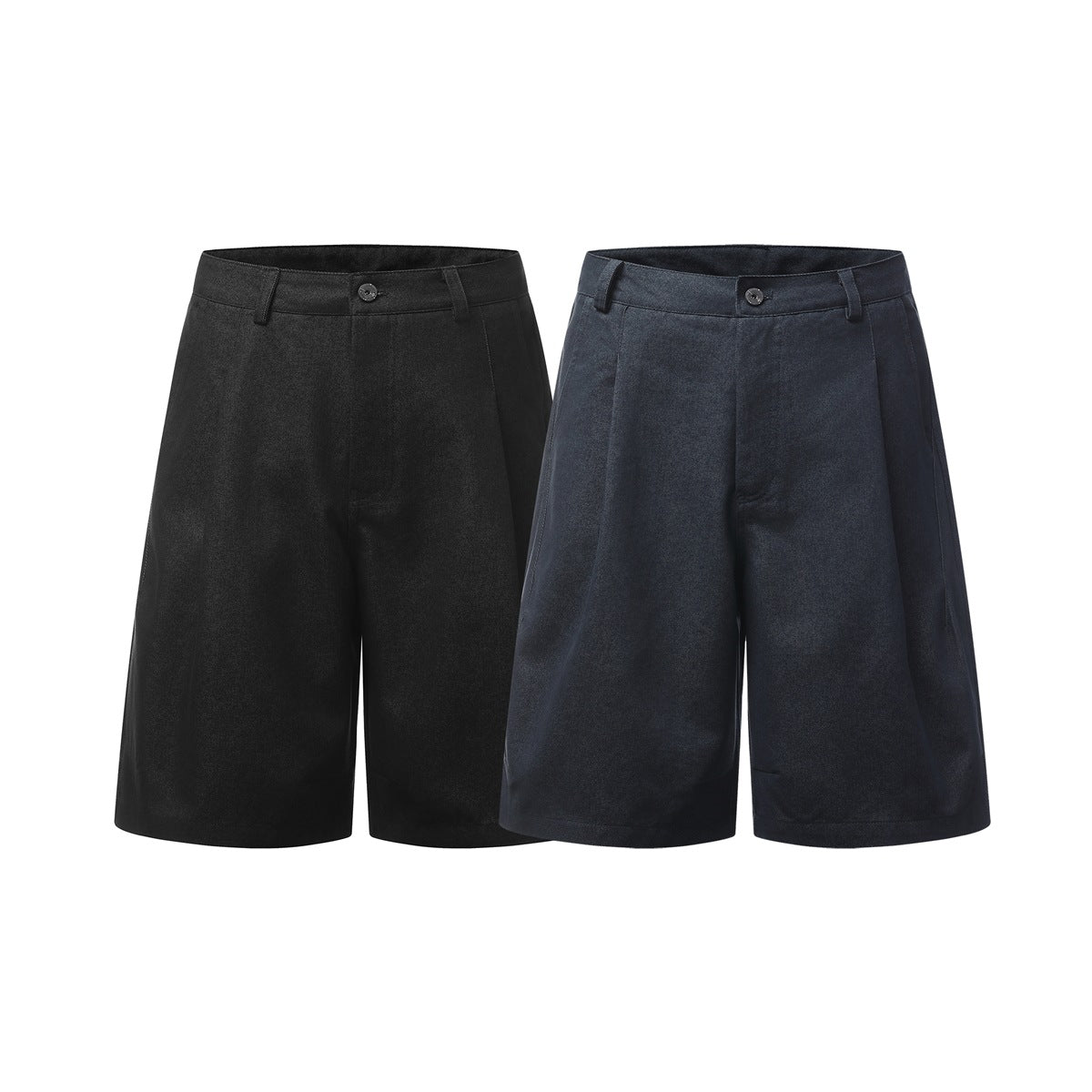 Two pairs of wide-leg shorts shown from the front, one black and one dark navy, with pleats and buttoned waistbands.
