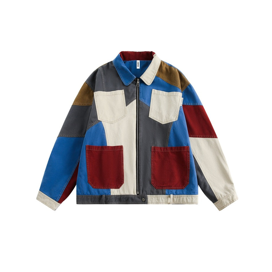 Flat-lay front of a zip jacket with blue, cream, gray, burgundy and tan patchwork panels and four patch pockets