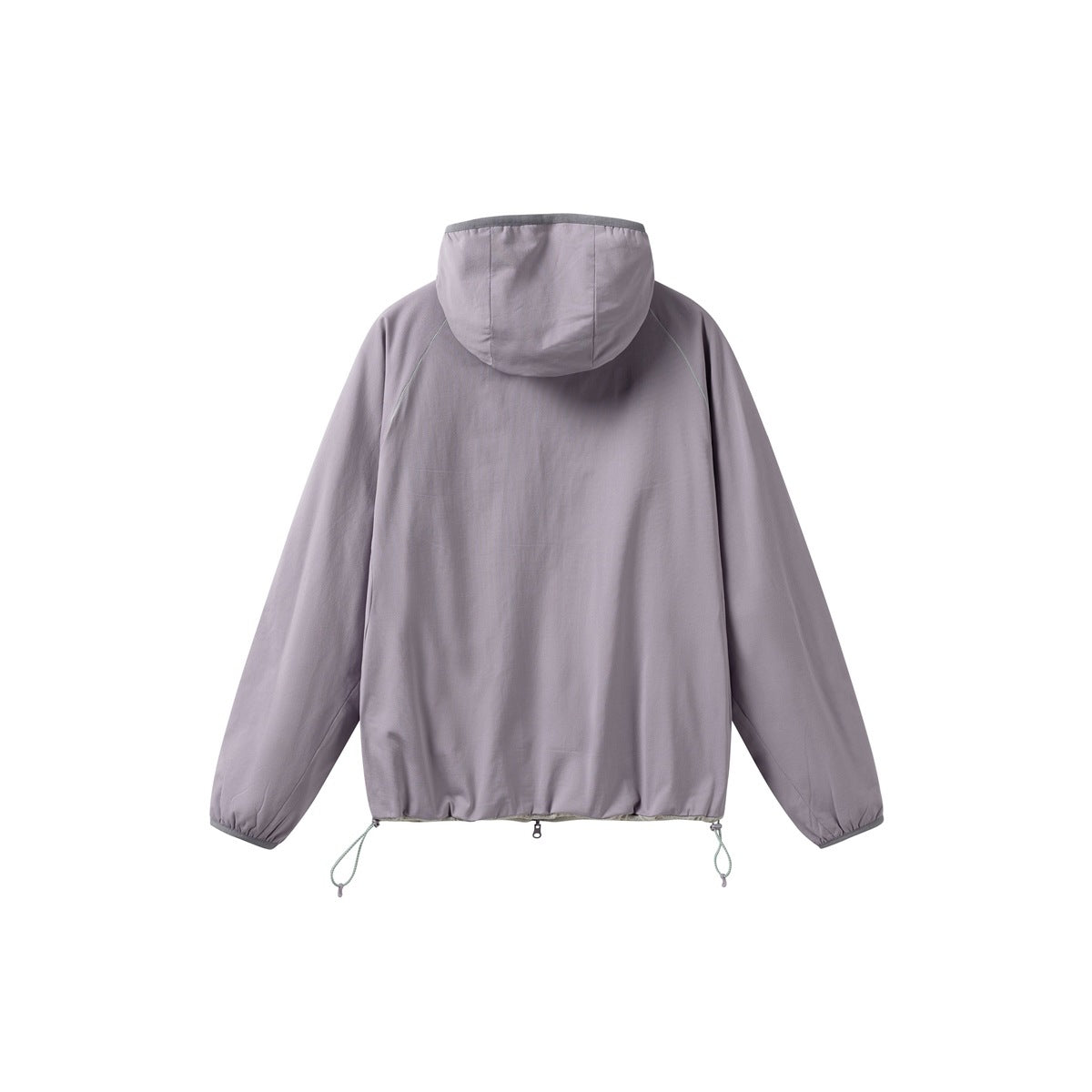 Back view of a muted lavender hooded jacket with long sleeves and adjustable drawcords at the hem.