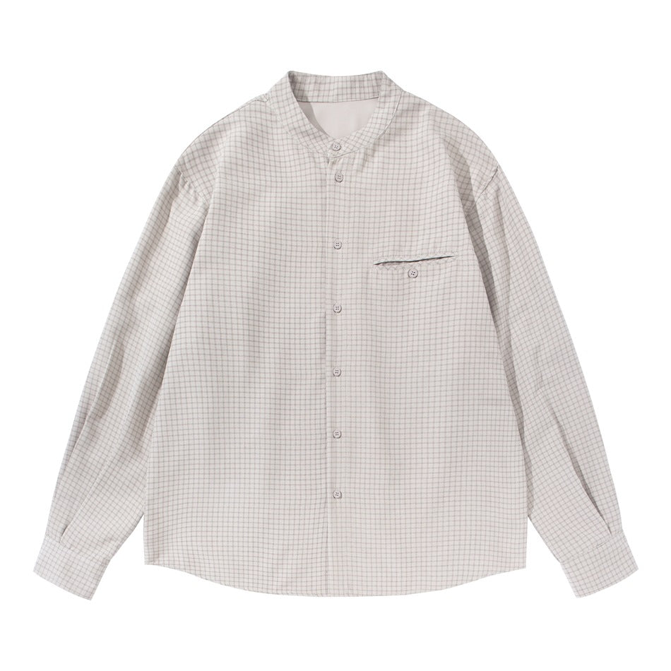 Apricot beige small grid check band-collar button-up long-sleeve shirt with chest pocket, flat lay front view