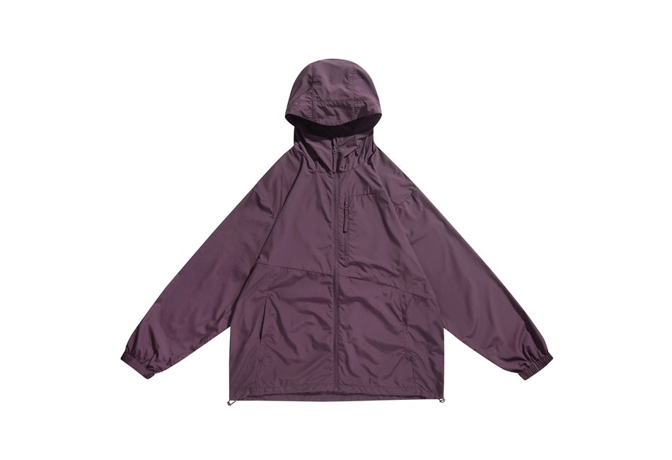 Front view of a deep plum hooded jacket with a full zipper, two front pockets, and elastic cuffs, laid flat on white.