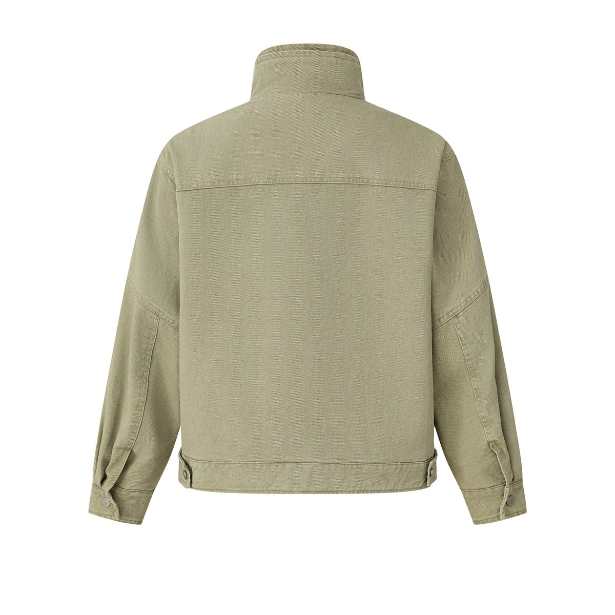 Back view of a khaki stand-collar jacket with a horizontal shoulder seam, long sleeves, and snap-adjustable cuffs.