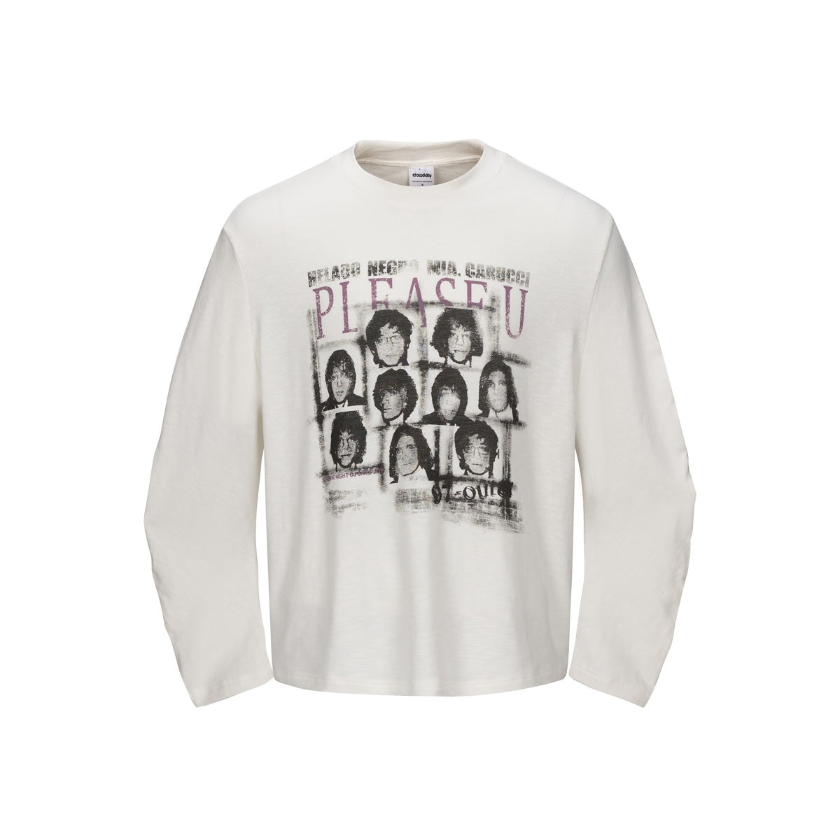 Off-white long-sleeve crew neck top with distressed grid portrait graphic and purple PLEASE U lettering, flat front view
