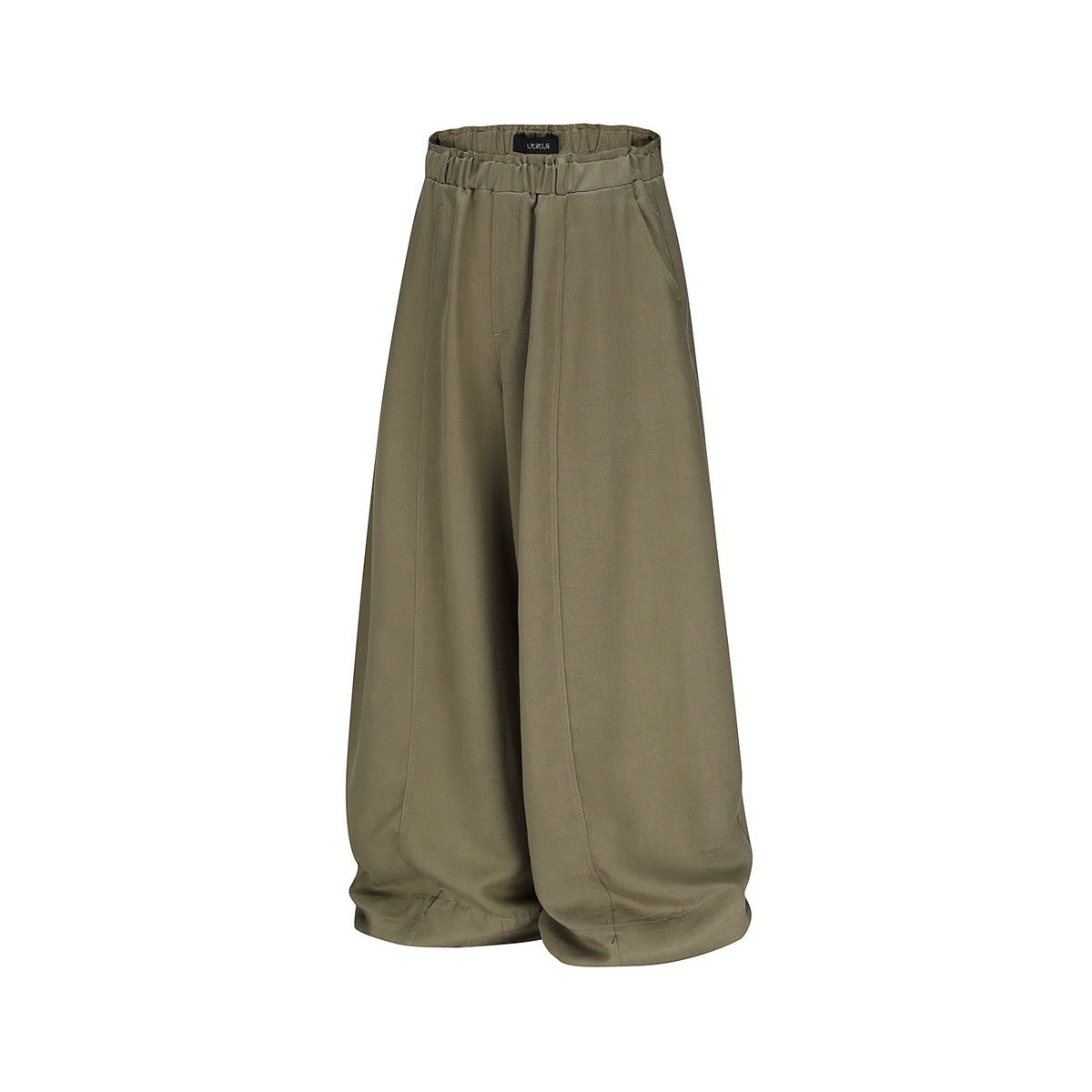 Khaki green wide-leg trousers, flat front view with elastic waistband and side pockets