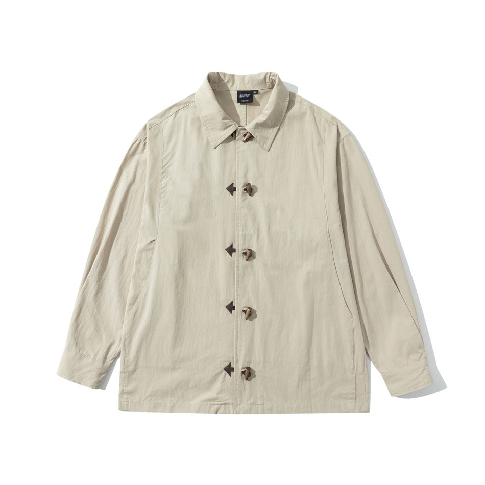 Khaki long-sleeve collared shirt with five brown toggle buttons down the front, flat lay