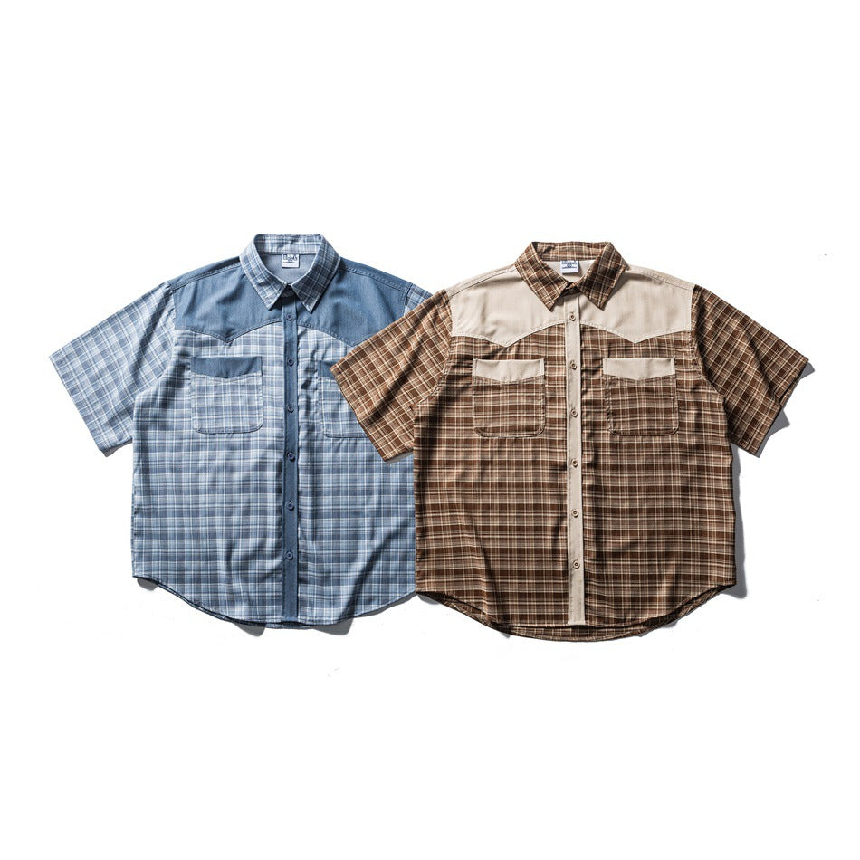 Two short-sleeve button-up shirts laid flat, one blue plaid with denim-look panels and one brown plaid with beige panels.