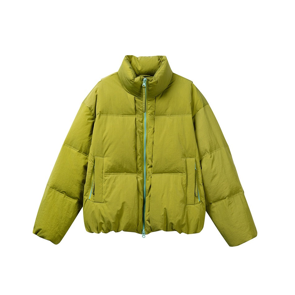 Green puffer jacket with stand collar and light-blue front zipper, flat front view