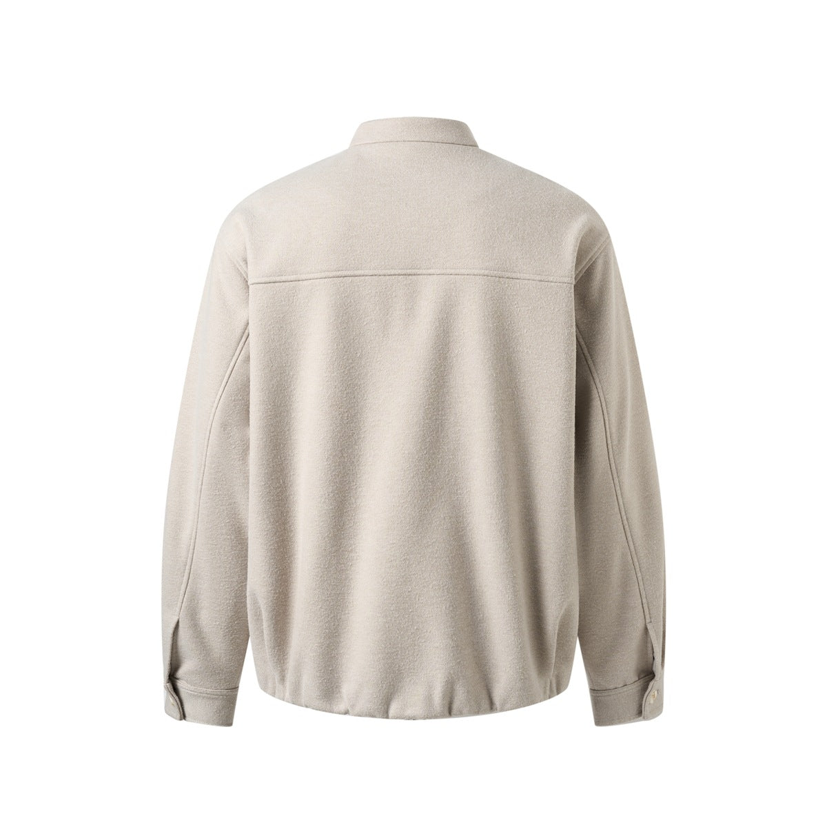 Back view of a light beige jacket with a stand collar, horizontal upper-back seam, and long sleeves.