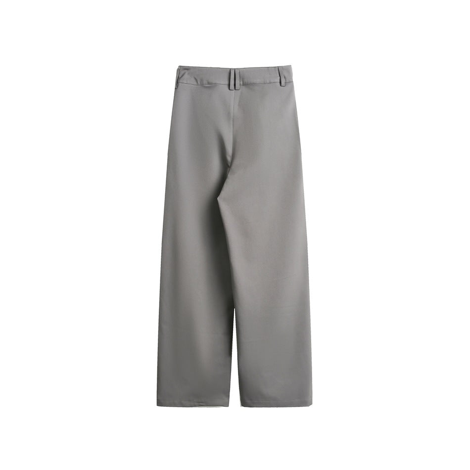 Gray wide-leg trousers shown from the front against a plain white background.