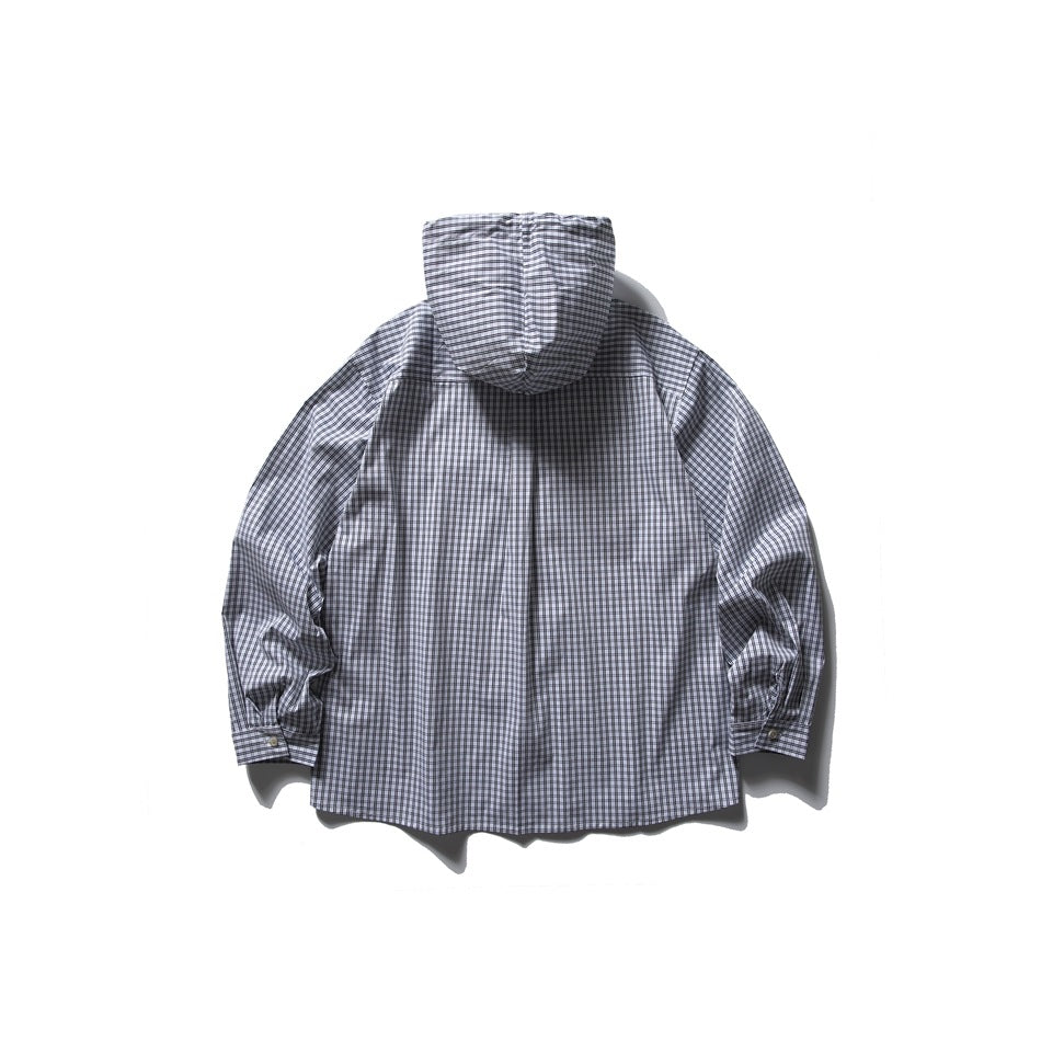 Back view of white and gray plaid hooded shirt flat lay showing hood, back yoke and buttoned cuffs