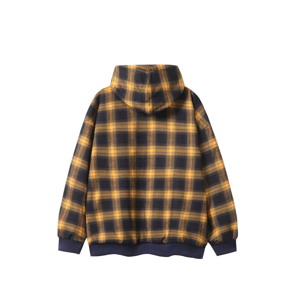 Back view of a yellow and navy plaid hooded sweatshirt with navy ribbed cuffs and hem.