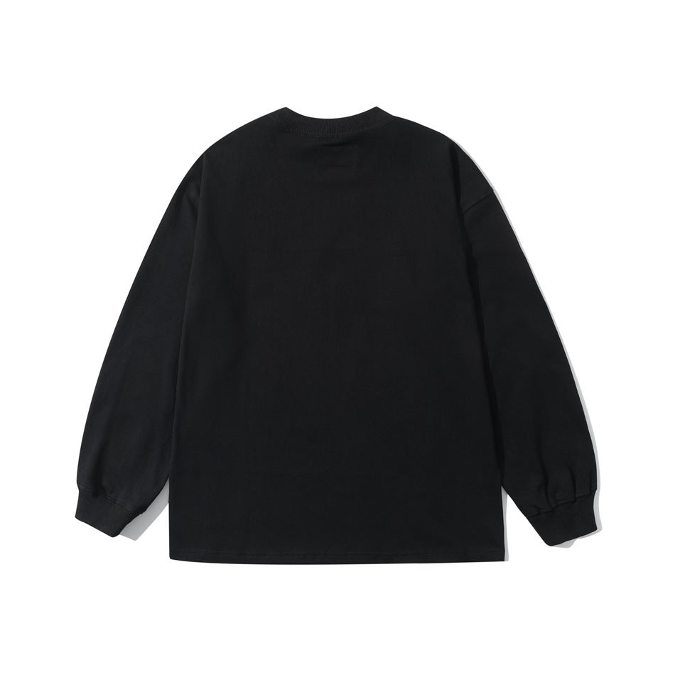 Back view of a plain black long-sleeve crewneck shirt laid flat.