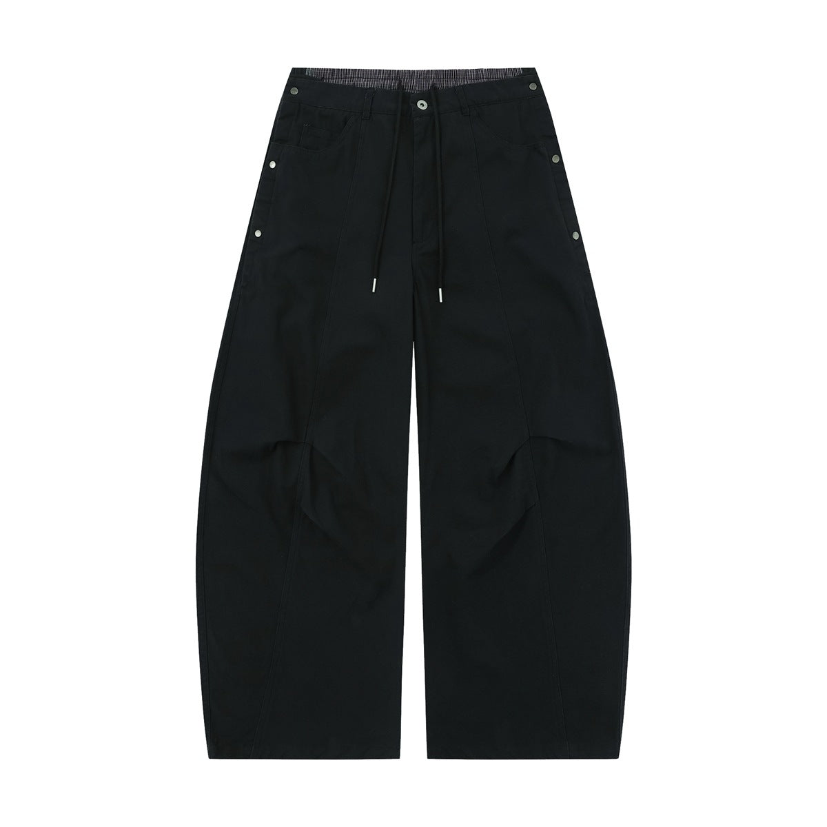 Black wide-leg drawstring pants flat lay with side snap studs and knee pleats