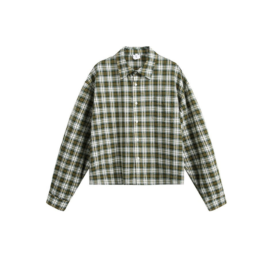 Yellow-green plaid long-sleeve button-up cropped shirt with chest pocket, flat lay on white background