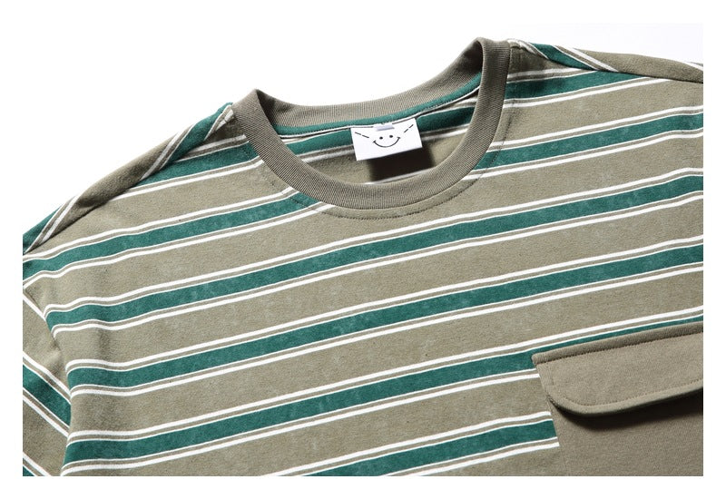 Close-up of the collar and chest of a khaki and dark green striped T-shirt with a chest pocket.