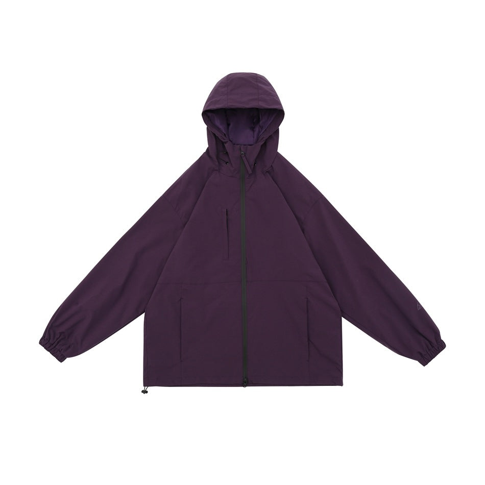 Front view of a deep-purple hooded jacket with a black zipper, drawcords, and multiple pockets.