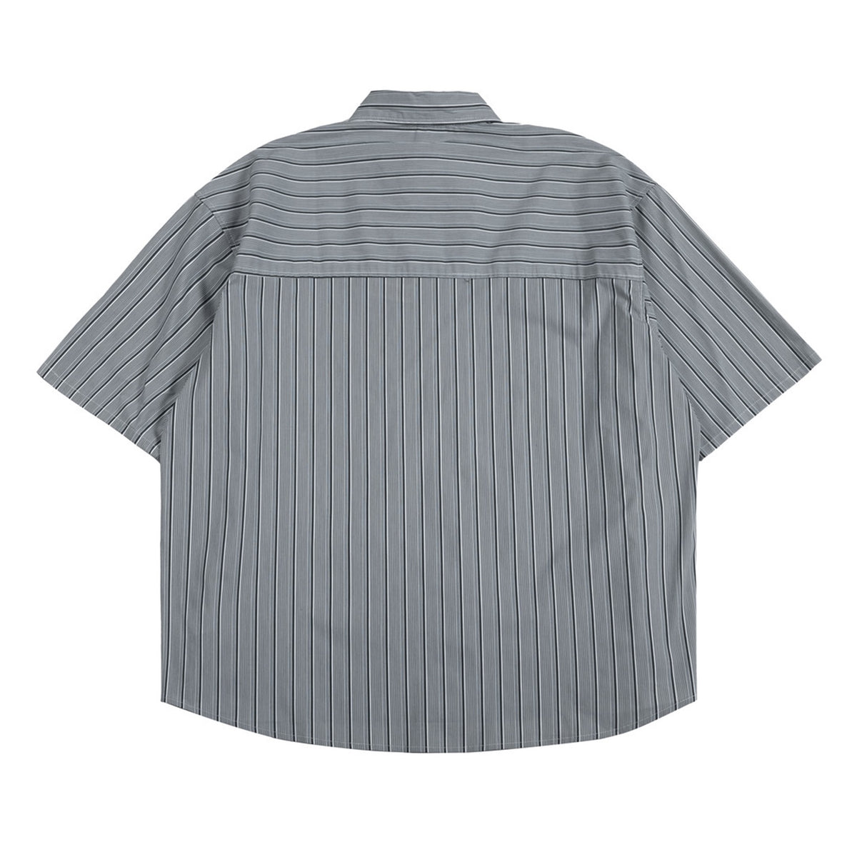 Back view of a gray short-sleeve shirt with vertical stripes and a horizontally striped yoke.