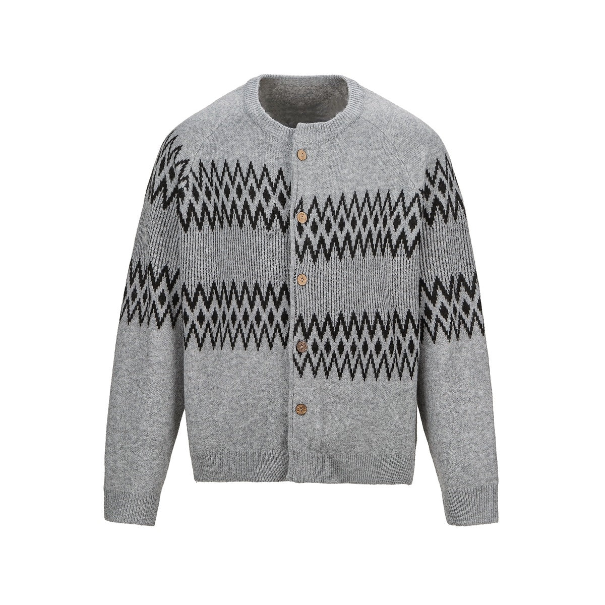 Gray crew-neck button cardigan with black zigzag diamond jacquard bands, flat front view