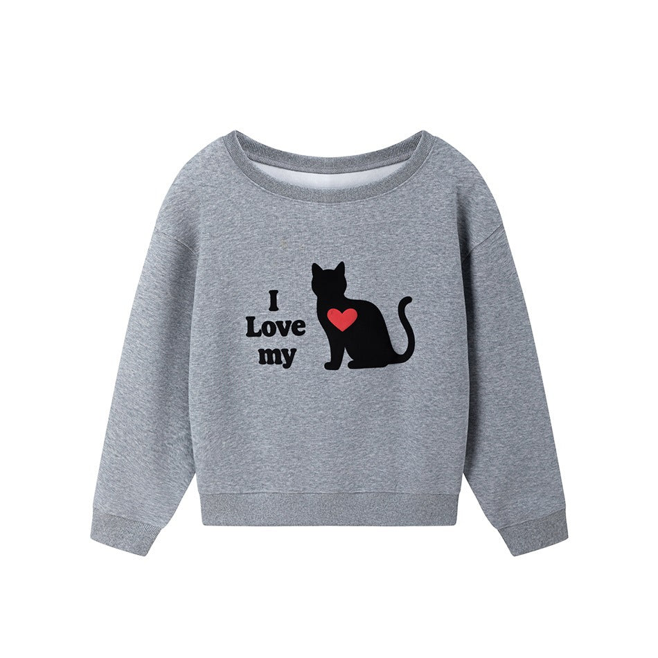 Gray crew-neck sweatshirt with black cat silhouette, red heart and 'I Love my' print, flat front view