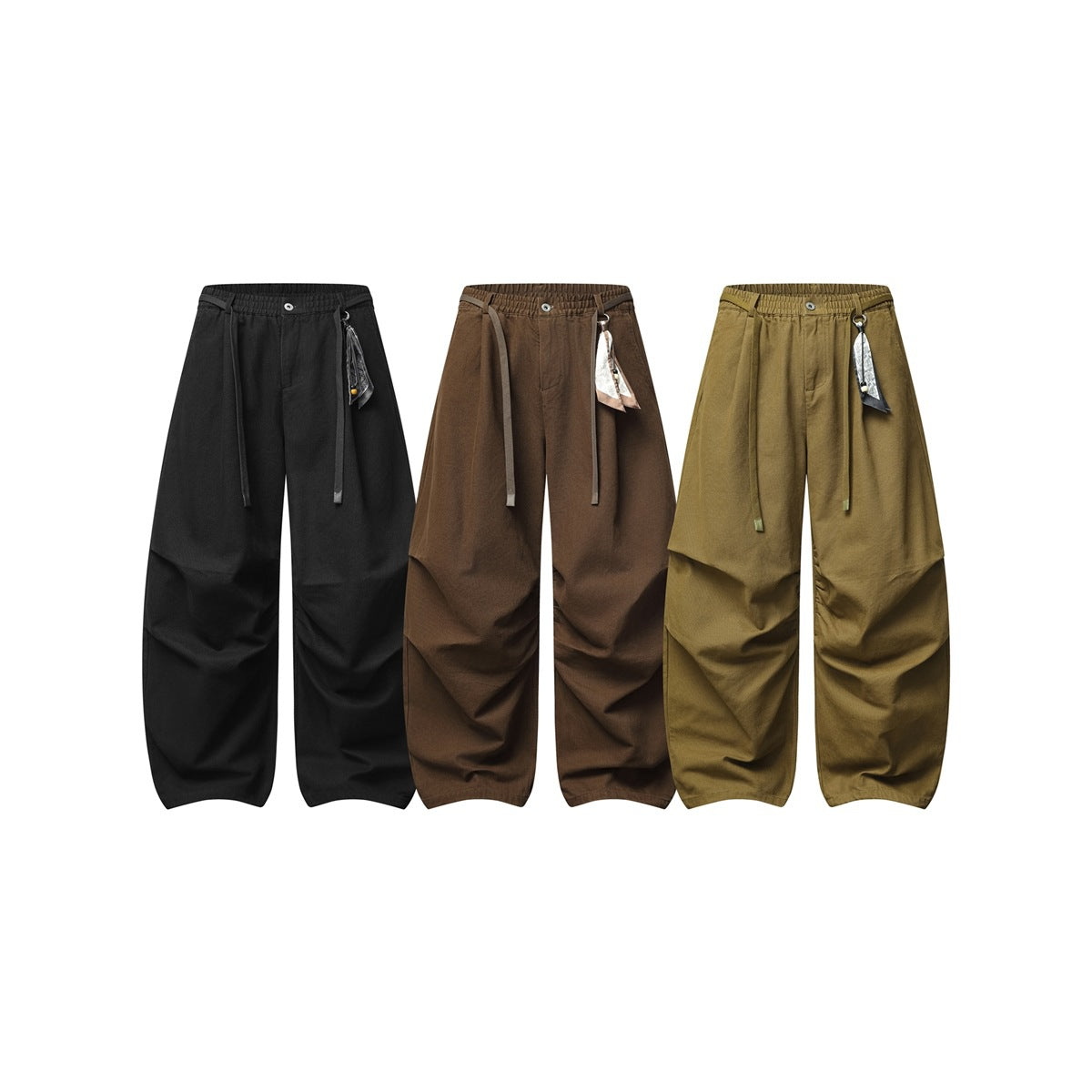 Three pairs of wide-leg trousers shown from the front in black, brown, and olive.