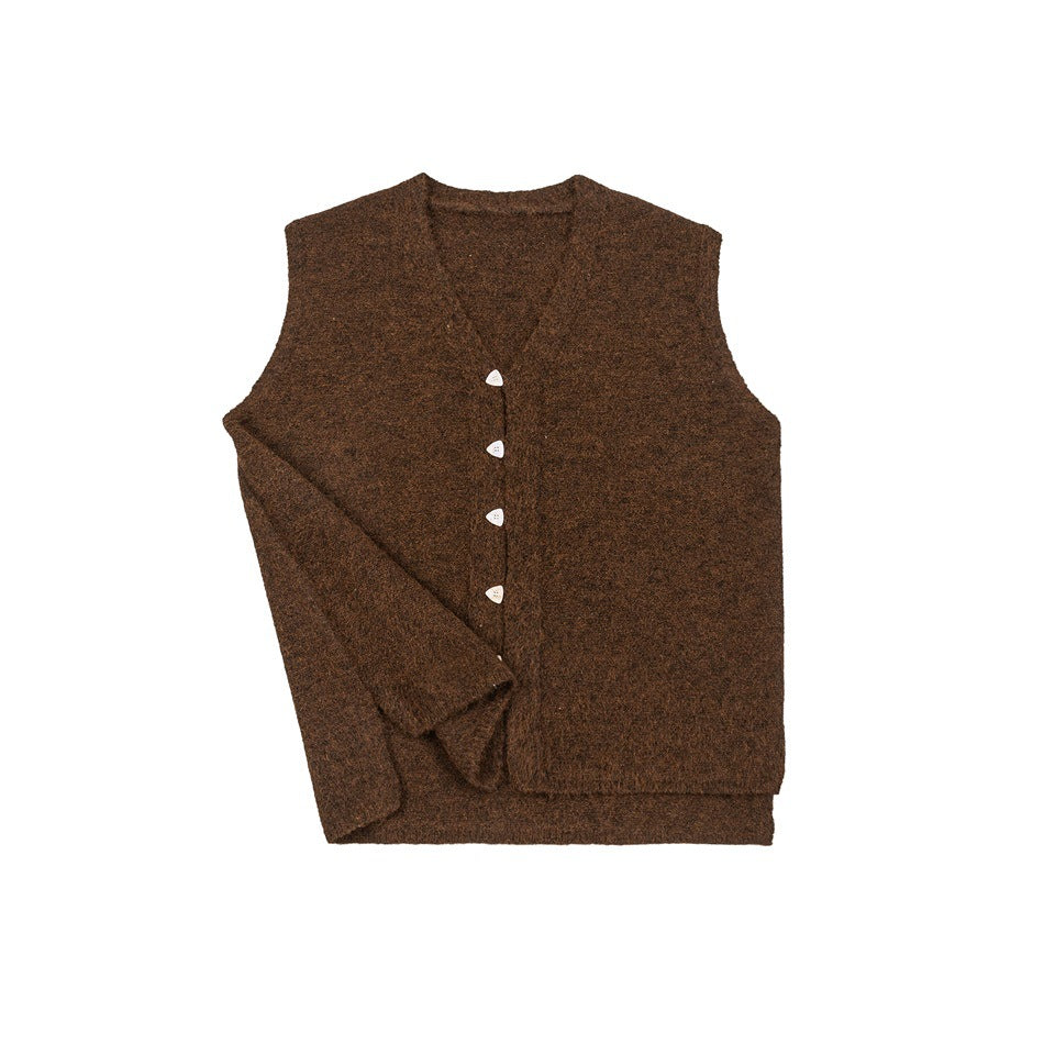 Brown knit button-front vest laid flat with another sleeved knit garment partly overlapping it