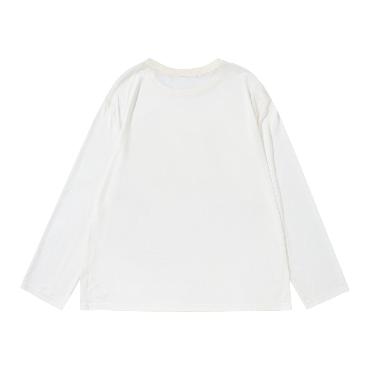 Back view of a plain ivory long-sleeve shirt with a crew neck.