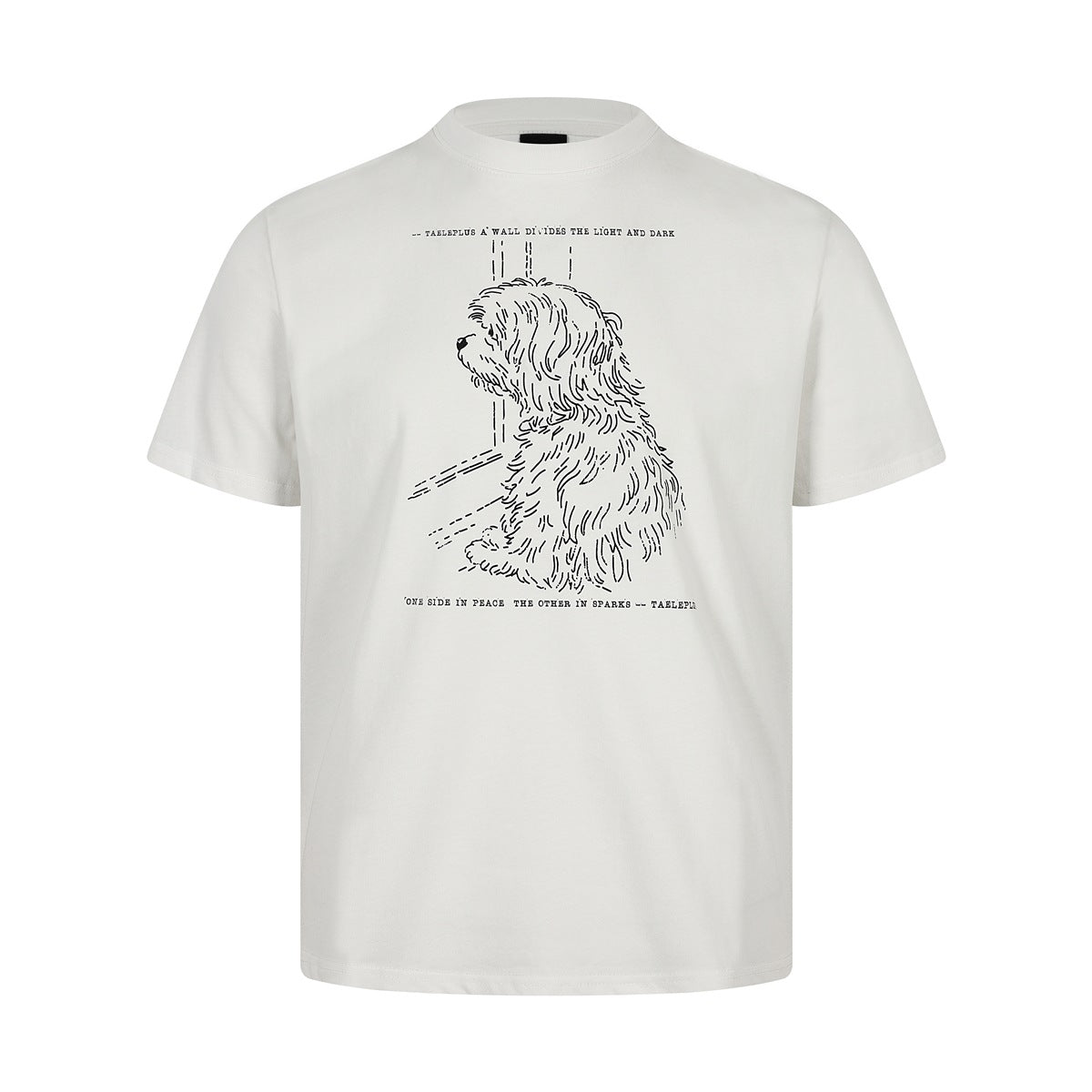 White short-sleeve crew-neck T-shirt with black line-art shaggy dog print and small text lines, flat front view