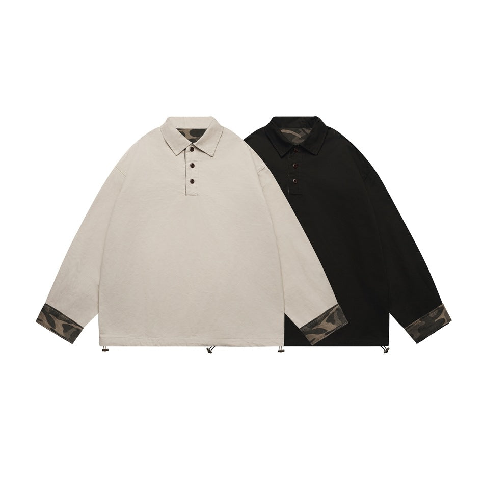 Two long-sleeve collared tops shown from the front in beige and black, both with camouflage cuffs and inner collars.