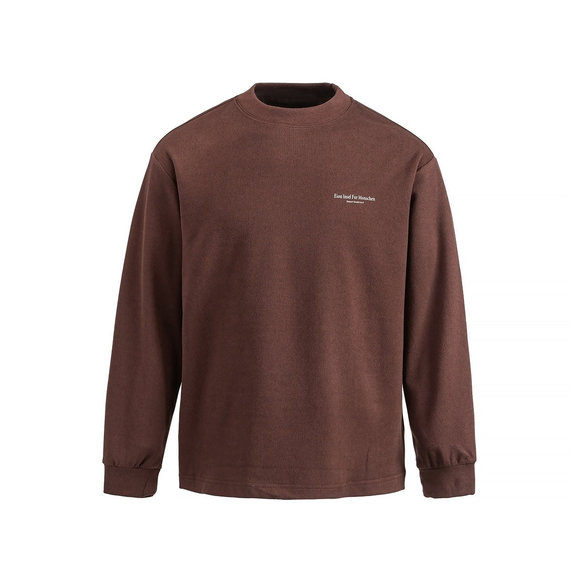 Brown long-sleeve mock-neck top with ribbed cuffs and small white text print on left chest, flat front view