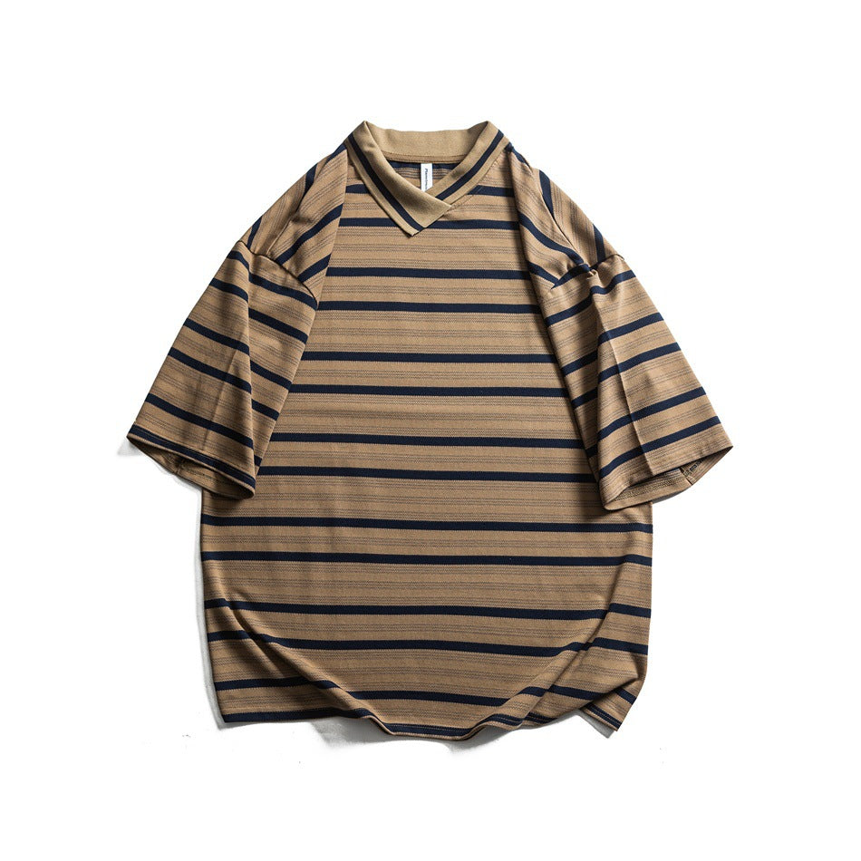Brown short-sleeve T-shirt with navy horizontal stripes and a folded V-neck collar, flat lay