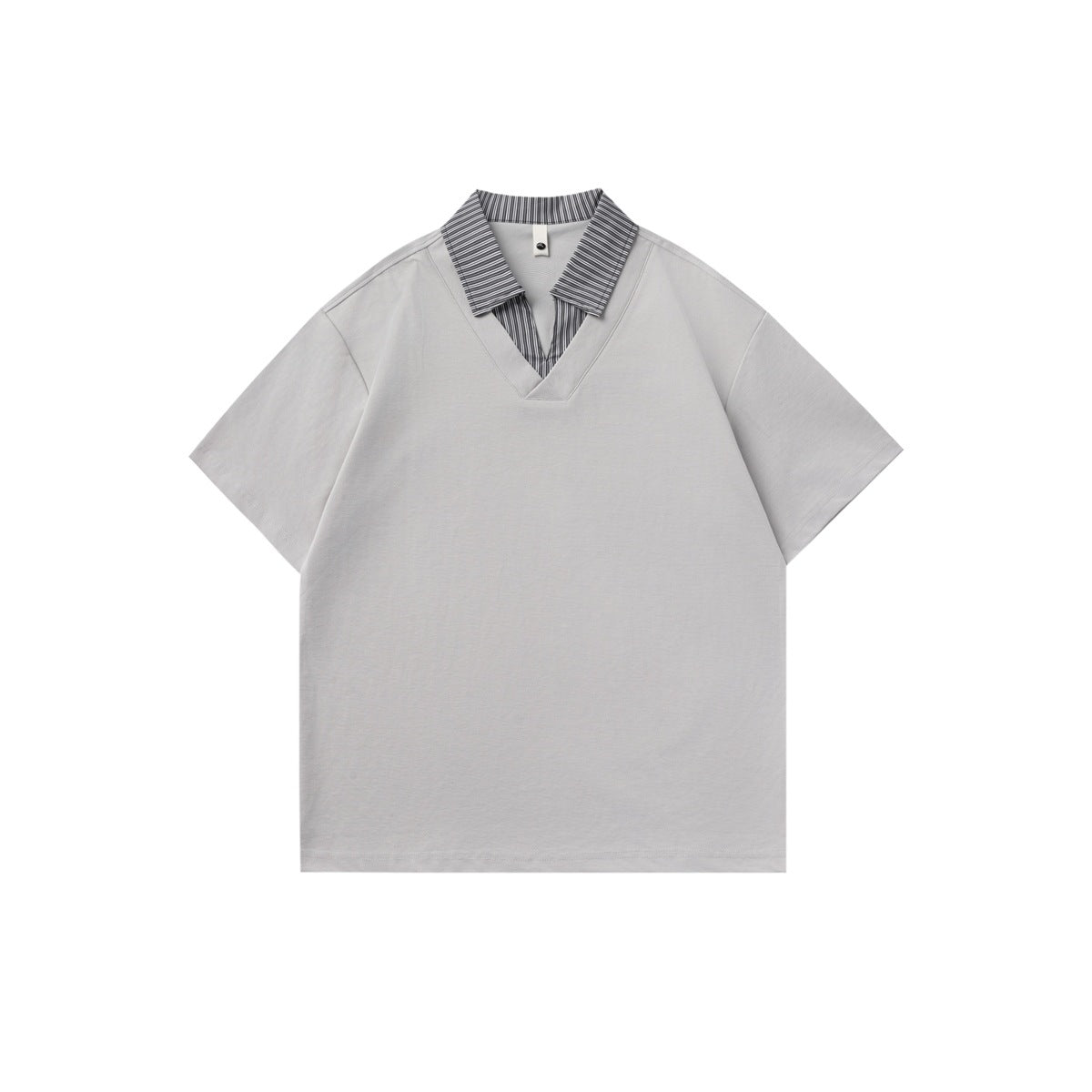 Light gray short-sleeve polo-style top with striped faux-layered collar and V-neck, flat front view