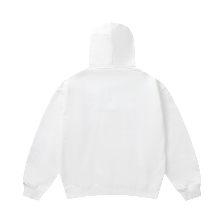 Back view of a white pullover hoodie with a plain back, hood, cuffs, and hem.