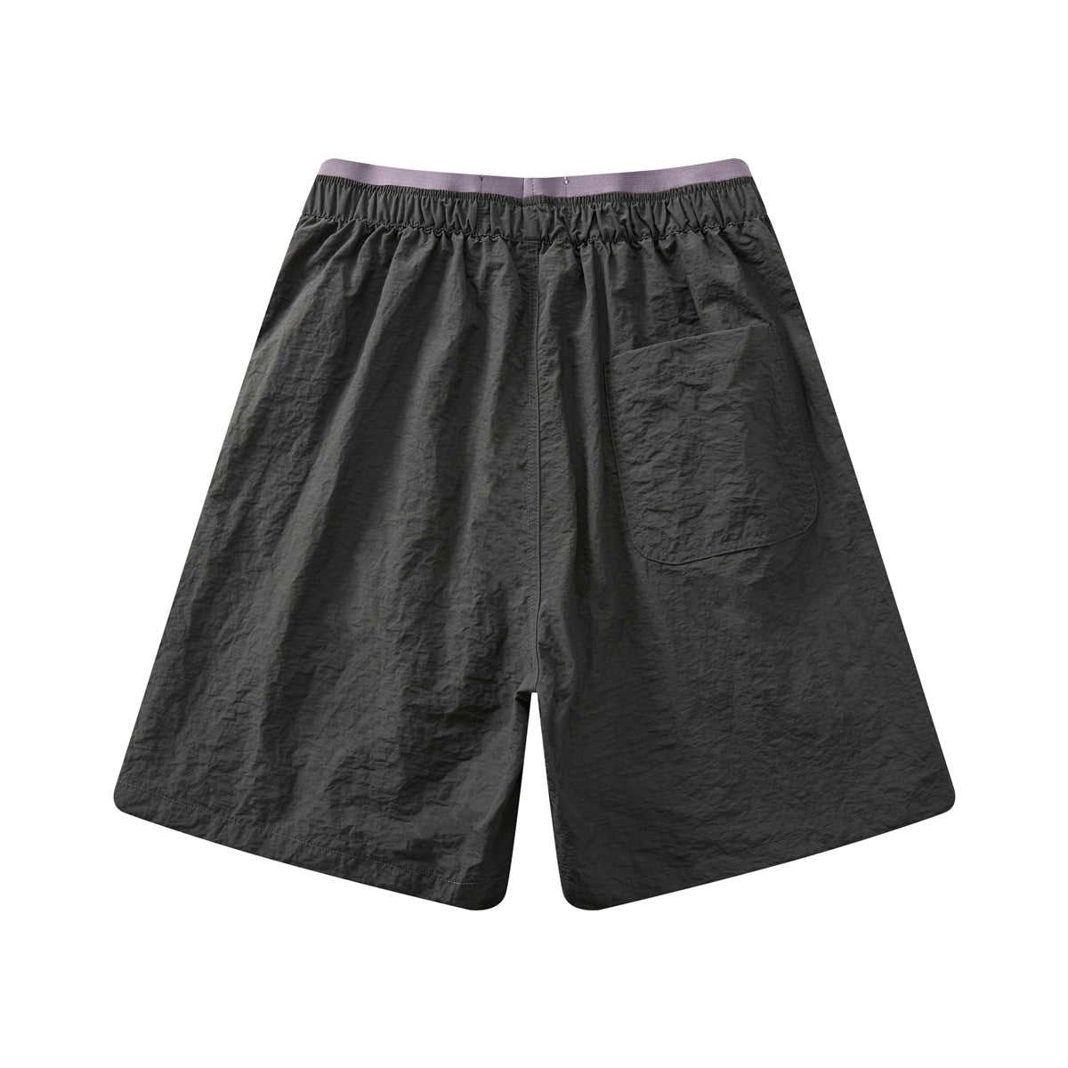 Dark gray shorts back view with elastic waist, purple contrast waistband and a single patch pocket