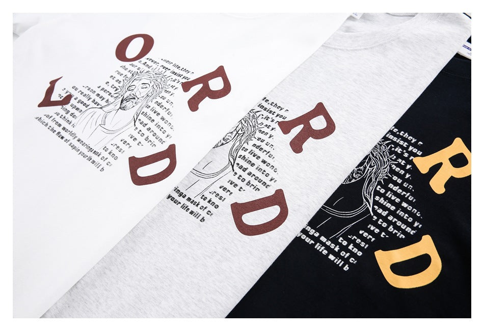 Three T-shirts in white, heather gray, and black with a large text-and-illustration print.