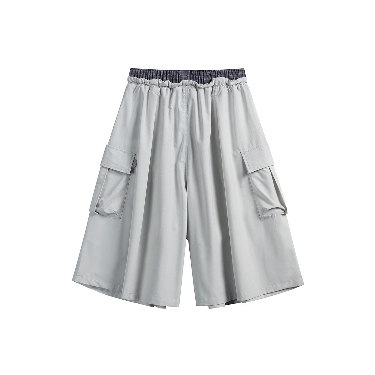 Light gray wide-leg cropped pants with an elastic waist, dark plaid waistband detail, and flap cargo pockets.
