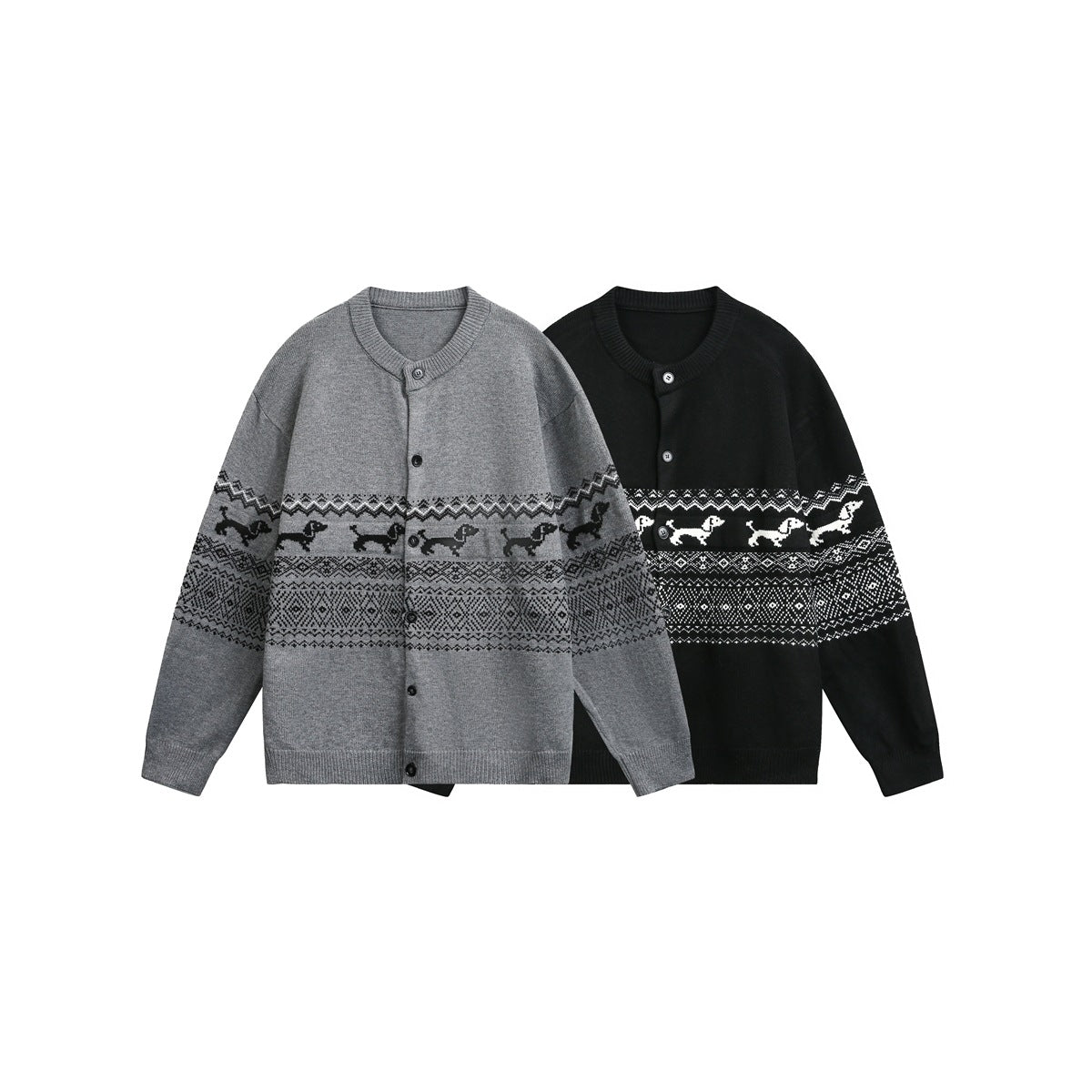 Gray and black button-front cardigans displayed together, each with dog motifs and geometric patterned bands.