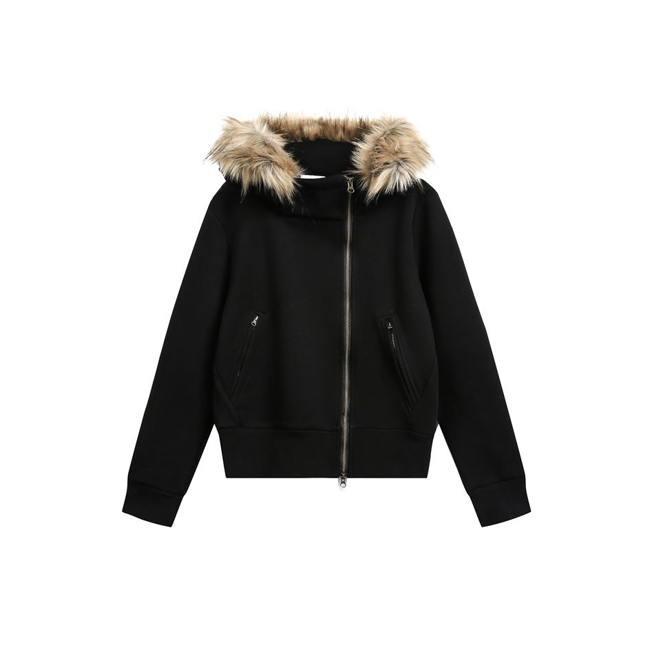 Black zip-up hooded jacket with tan faux-fur-style hood trim, diagonal zipper and ribbed hem, flat view