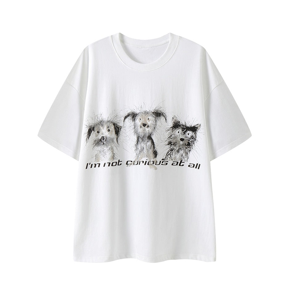 White short-sleeve T-shirt with three sketch-style dogs and the text I'm not curious at all printed on the front