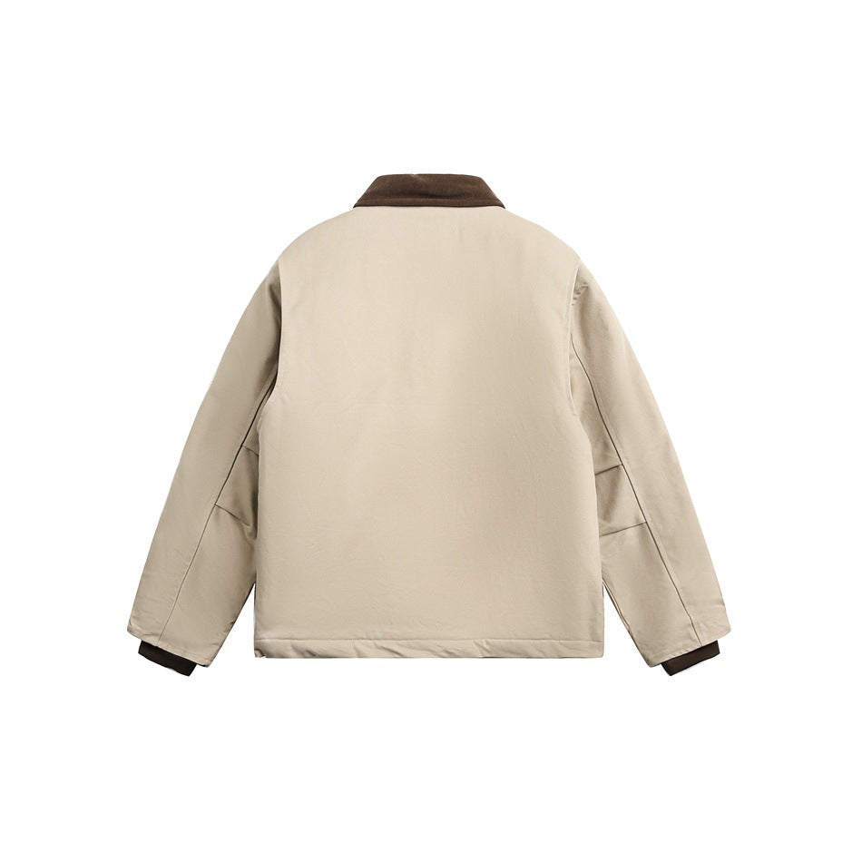 Back view of a beige jacket with a dark brown collar and cuffs, displayed against a white background.
